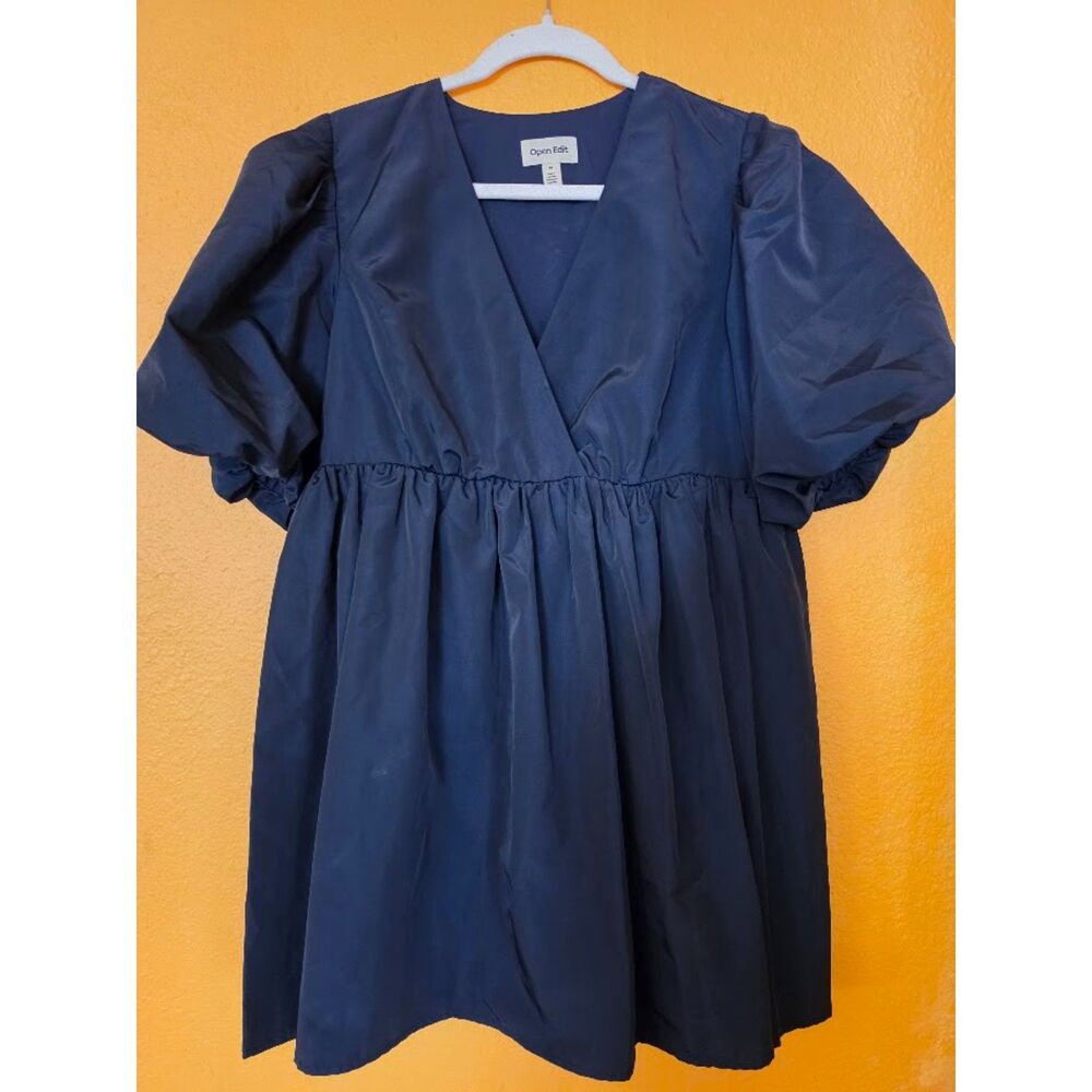Nordstrom Open Edit Puff Sleeve Babydoll Minidress with Pockets Navy Blue Medium